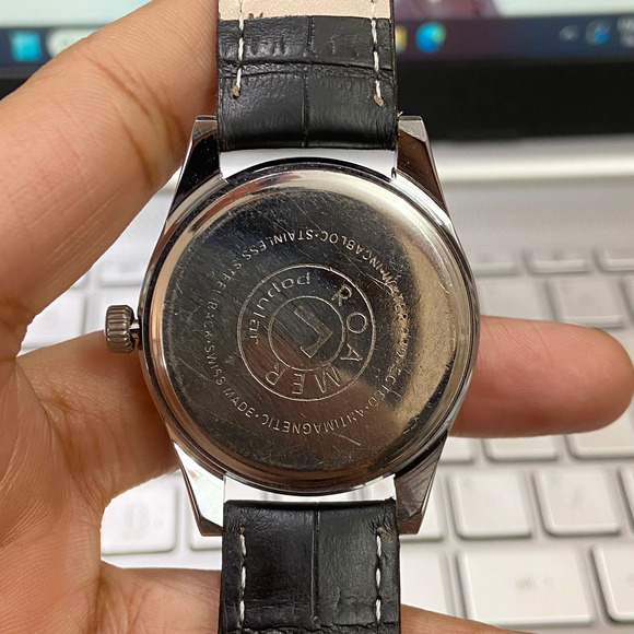 Vintage 1974 Roamer Manual Mens Silver Watch W/Leather Strap & Green accents - Picture 6 of 6